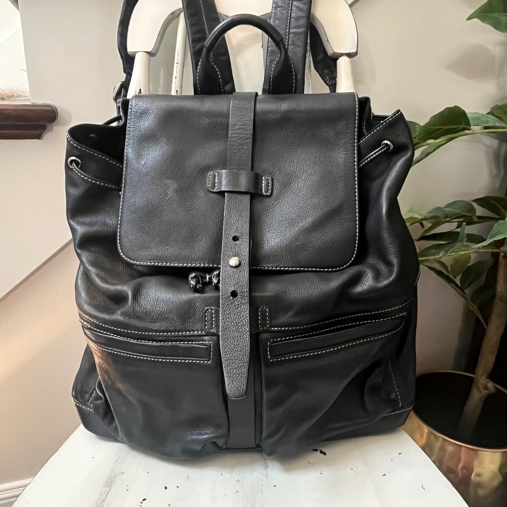 Vintage Kenneth Cole Black Leather Backpack Drawstring Laptop Travel Bag Y2K